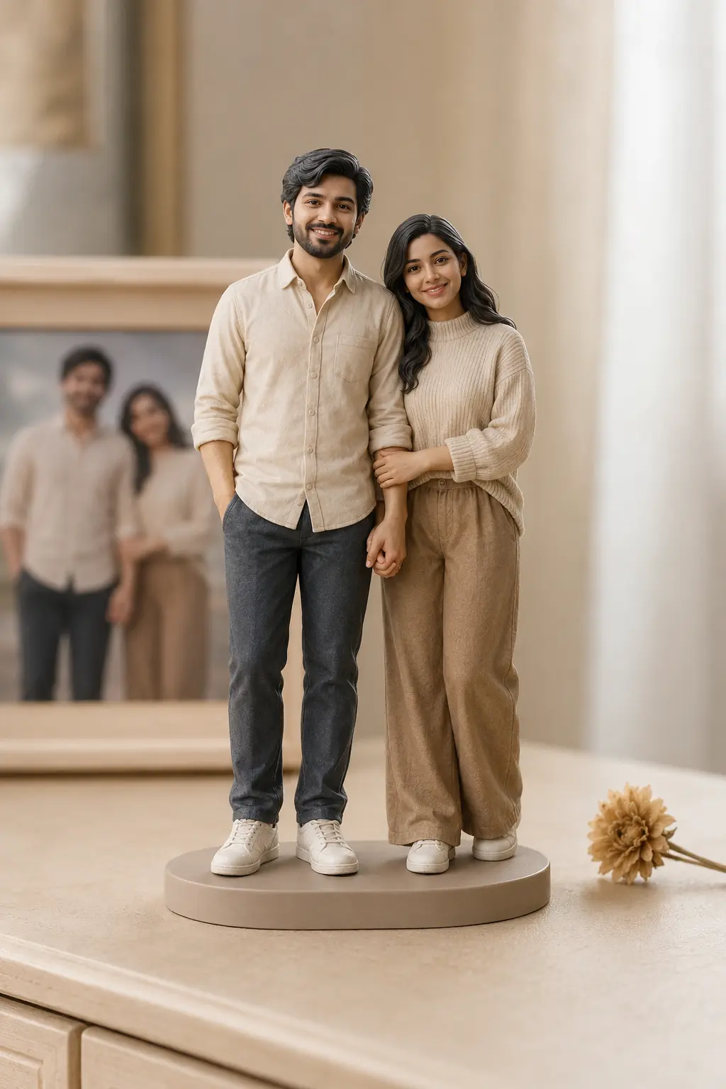 Full-color custom couple figurine displayed beside a framed photo