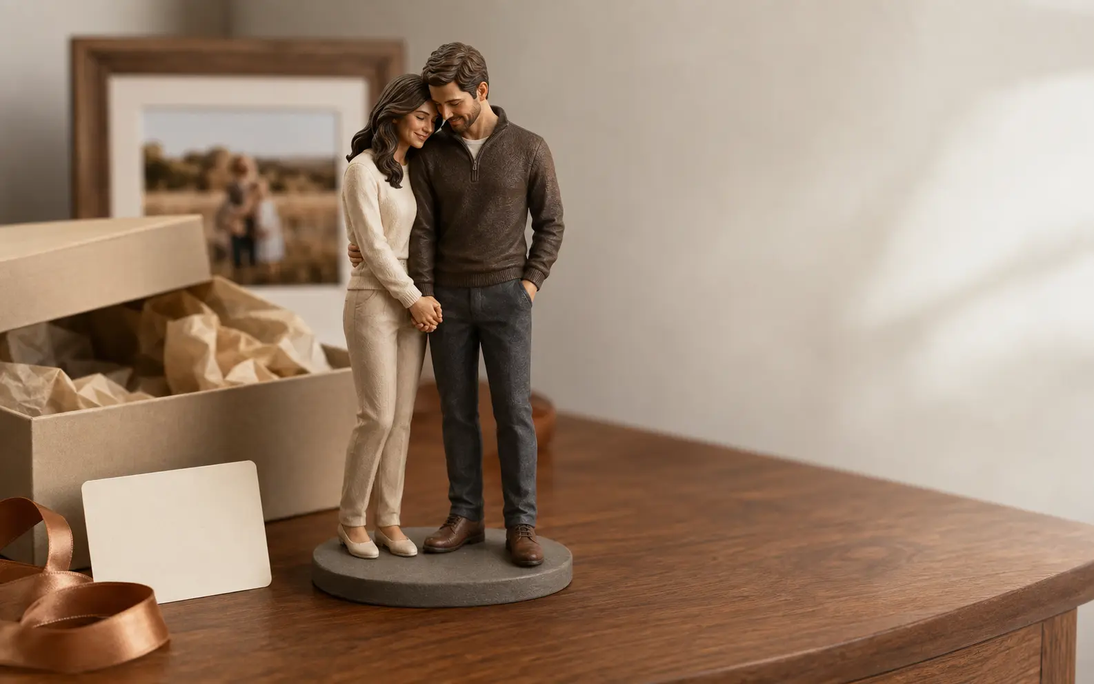 A custom couple figurine presented in a refined keepsake gift box