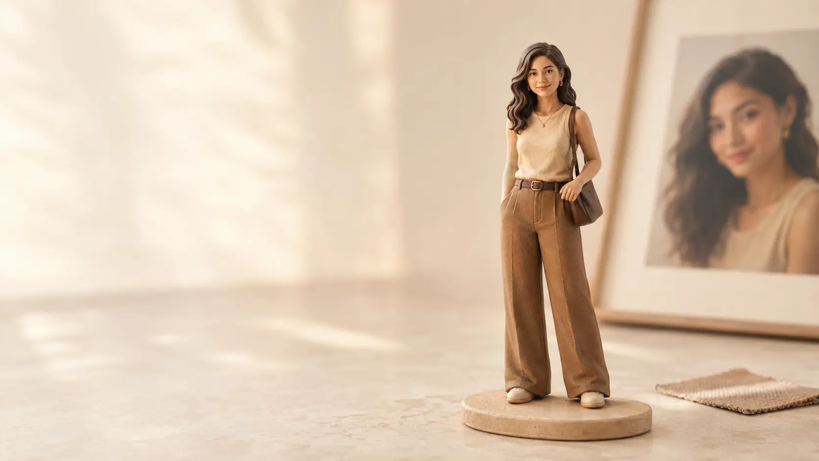 A full-color personalized figurine displayed beside its portrait reference