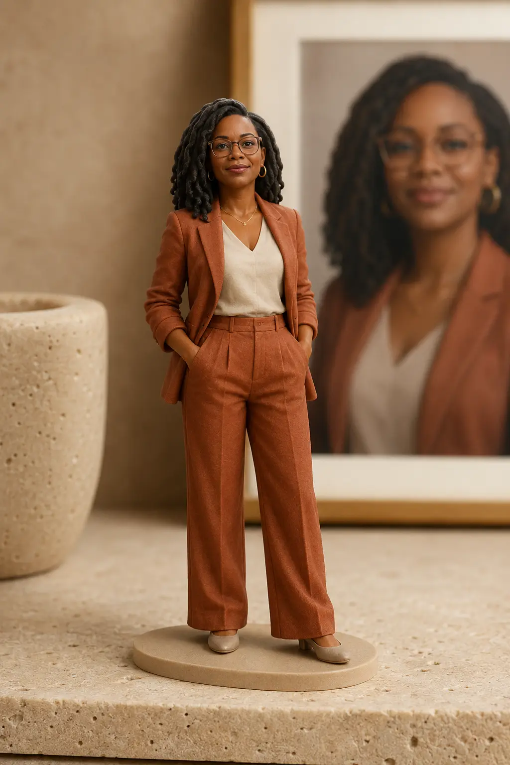 Full-color personalized portrait figurine displayed beside its photo reference