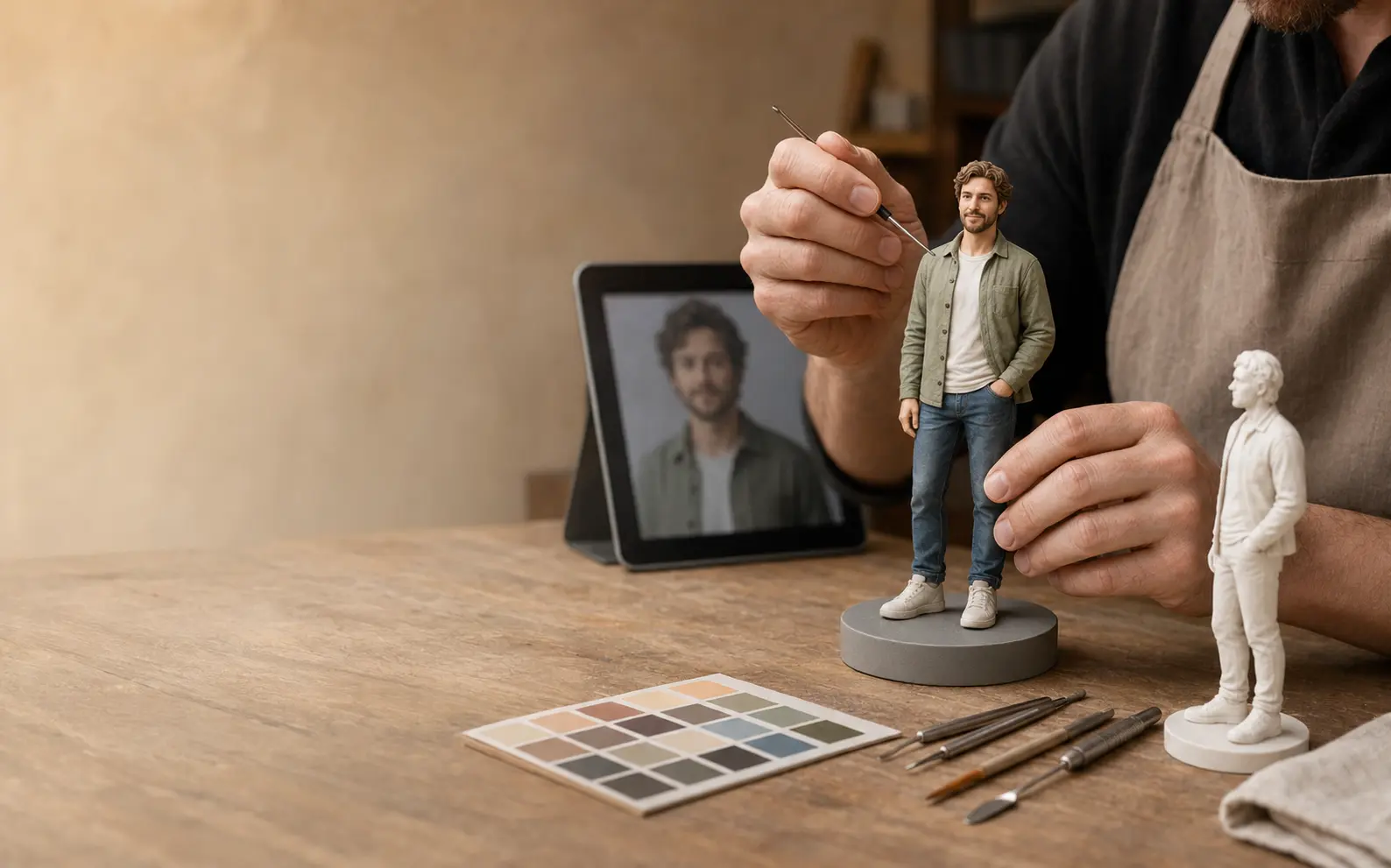 A craft specialist refining a full-color figurine at the workbench